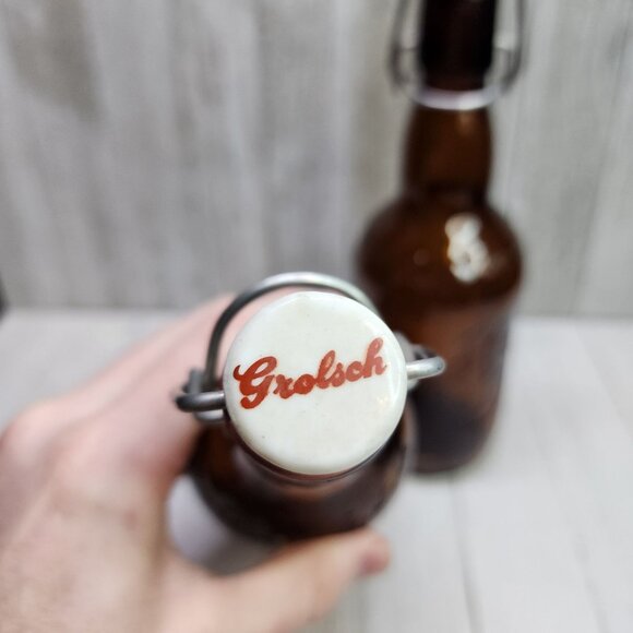 Vintage Grolsch Beer Bottle Amber Brown with Porcelain Swing Top Lid - Set Of 2 - Picture 5 of 6